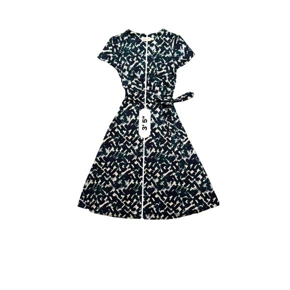 Eliza J Cap Sleeve Faux Wrap Belted Shirred Midi Dress Size 4 Green Blue White - Picture 3 of 10